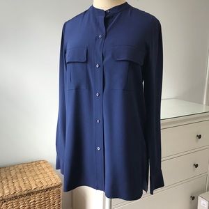 Vince Band Collar 100% Silk Button Blouse